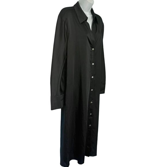 Vince Black Satin Long Sleeve Button Front Collar Midi Dress size L NEW No Belt - Picture 10 of 14